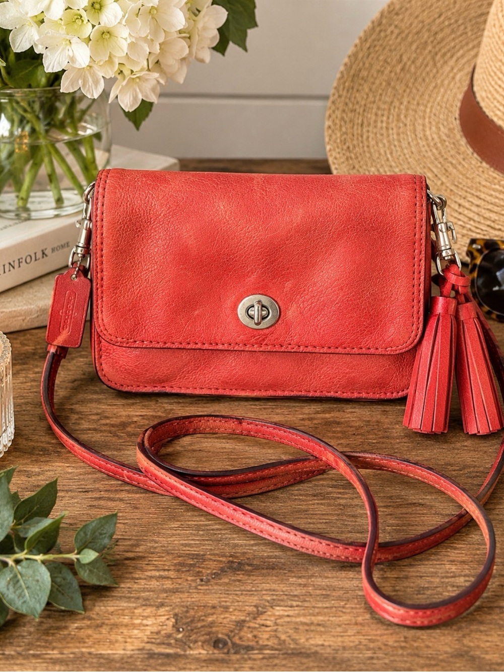 Coach Red Leather Crossbody with Tassel